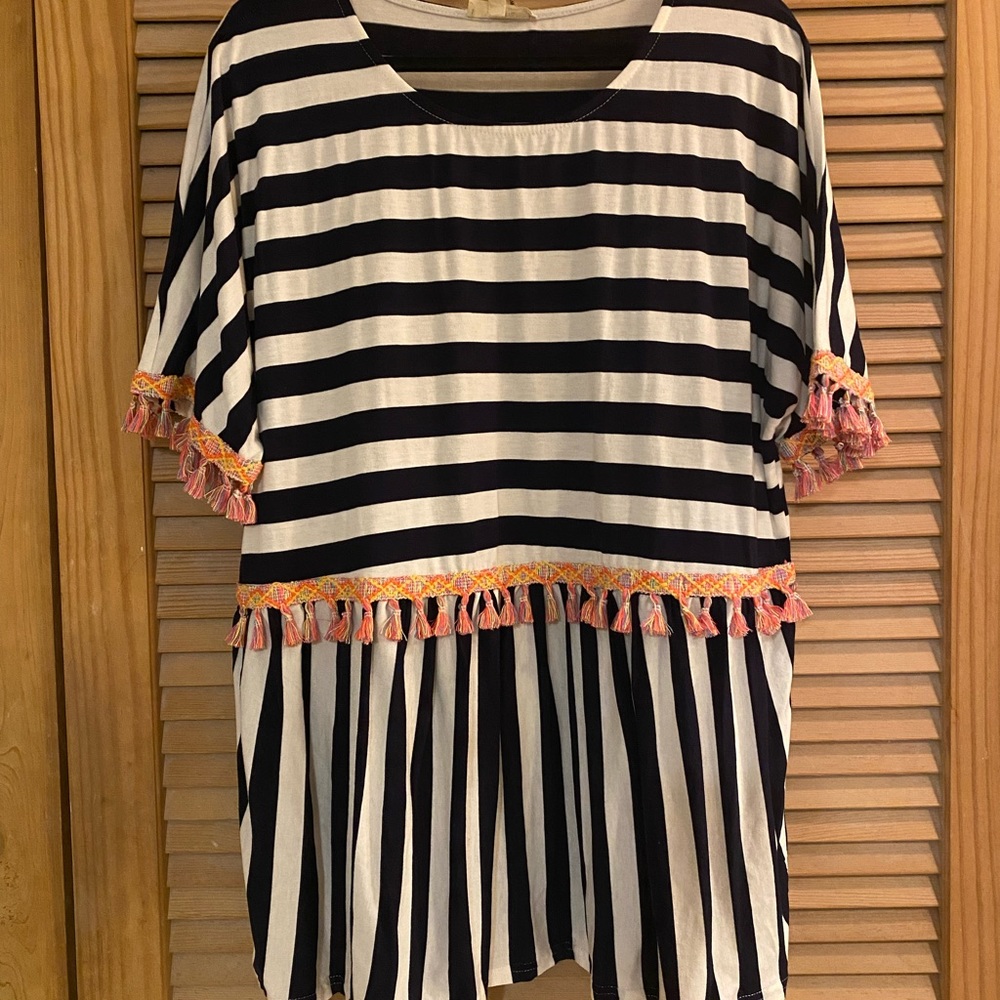 Black and White Striped Shirt with Tassels